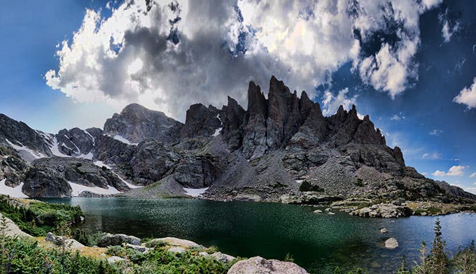 Sky Pond under the Cathedral Spires including Sharkstooth in Rocky Mountain National Park
