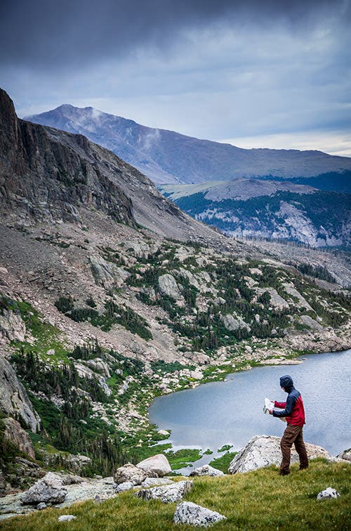 Hiker at Bluebird Lake in Rocky Mountain National Park