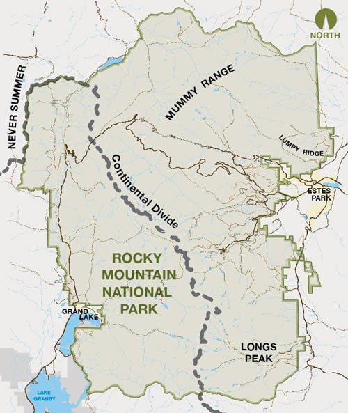 Map showing mountain ranges inside Rocky Mountain National Park