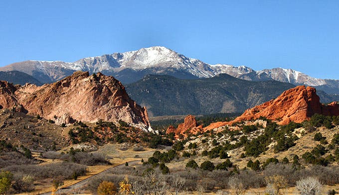 Pikes-Peak-entrance-Garden-Gods_Dollar_680 Pikes Peak from the entrance to Garden of the Gods in Colorado Springs