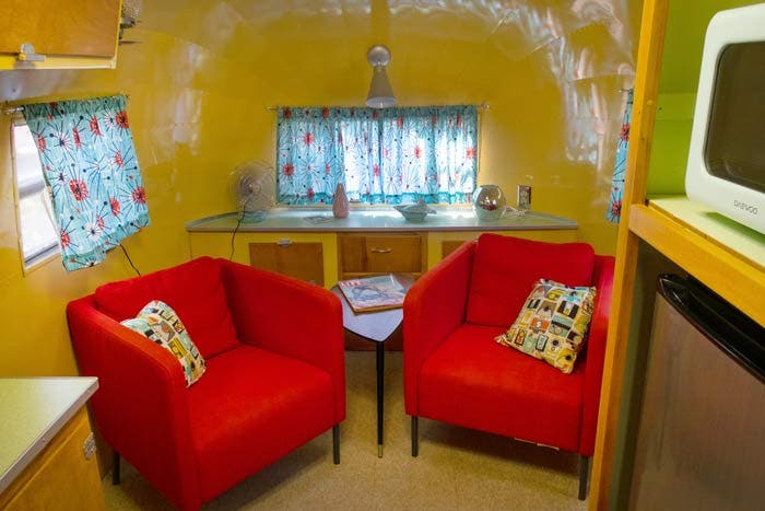 The authentic retro interior of an Airstream trailer at Dolores River Campground
