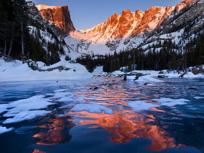 Sunrise at a wintery Dream Lake in Rocky Mountain National Park
