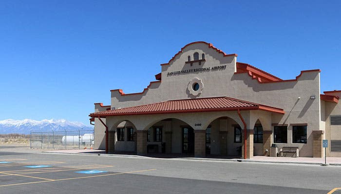 Alamosa-SanLuisValleyRegionalAirport-2_WikiJeffreyBeall_700 Terminal at San Luis Valley Regional Airport near Alamosa, Colorado