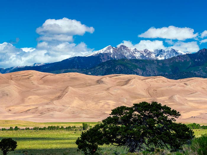 Hikers look like ants climbing the sand at Great Sand Dunes National Park