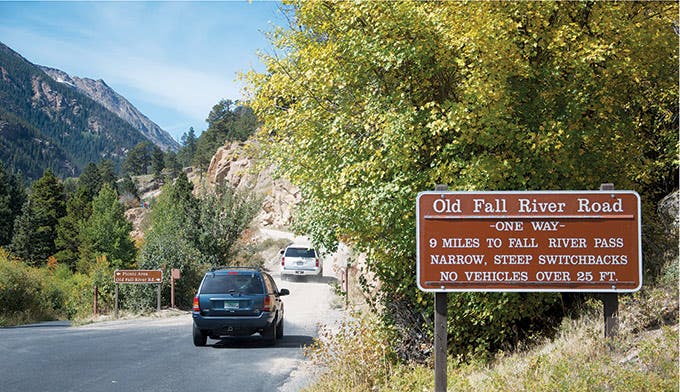 Entrance sign to Old Fall River Road in Rocky Mountain National Park