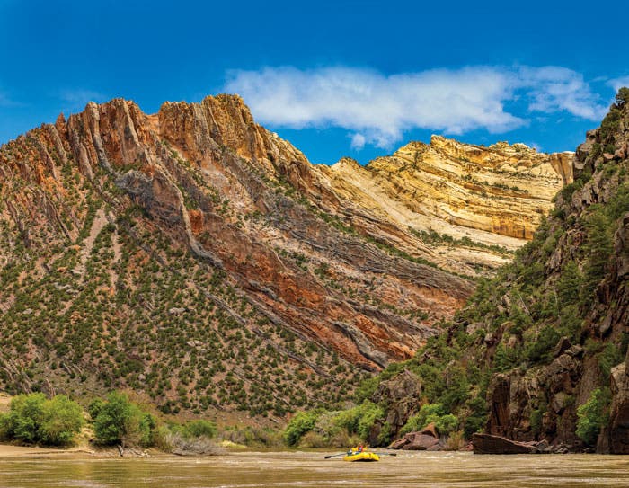 DinosaurNM-rafting-MittenParkFault_Ordelheide_700 Rafting in Dinosaur National Monument past Mitten Park Fault near the convergence of the Yampa and Green rivers