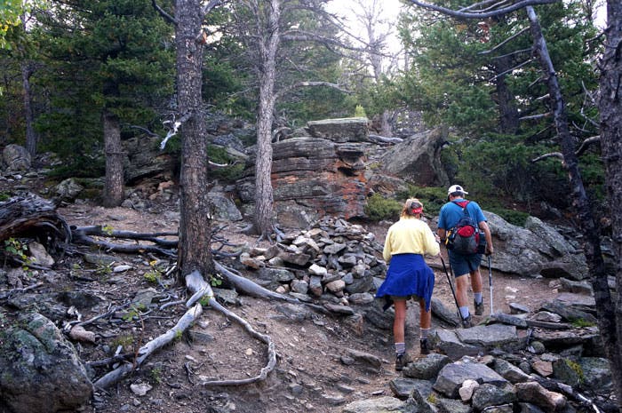 Hikers at a switchback on the Deer Mountain Trail in Rocky Mountain National Park