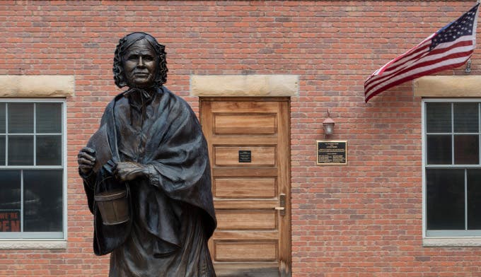 Statue of Louisa Swain, the first woman to vote in the United States, at the Wyoming House for Historic Women in Laramie, Wyoming.