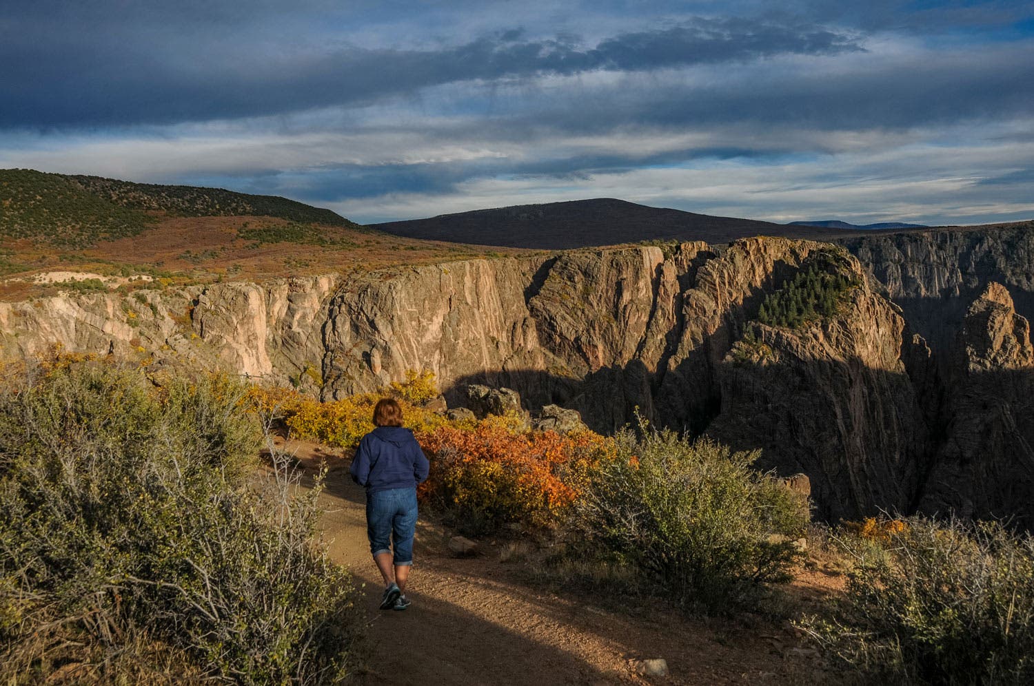Hiker on a trail to the Painted Wall overlook in Black Canyon of the Gunnison National Park