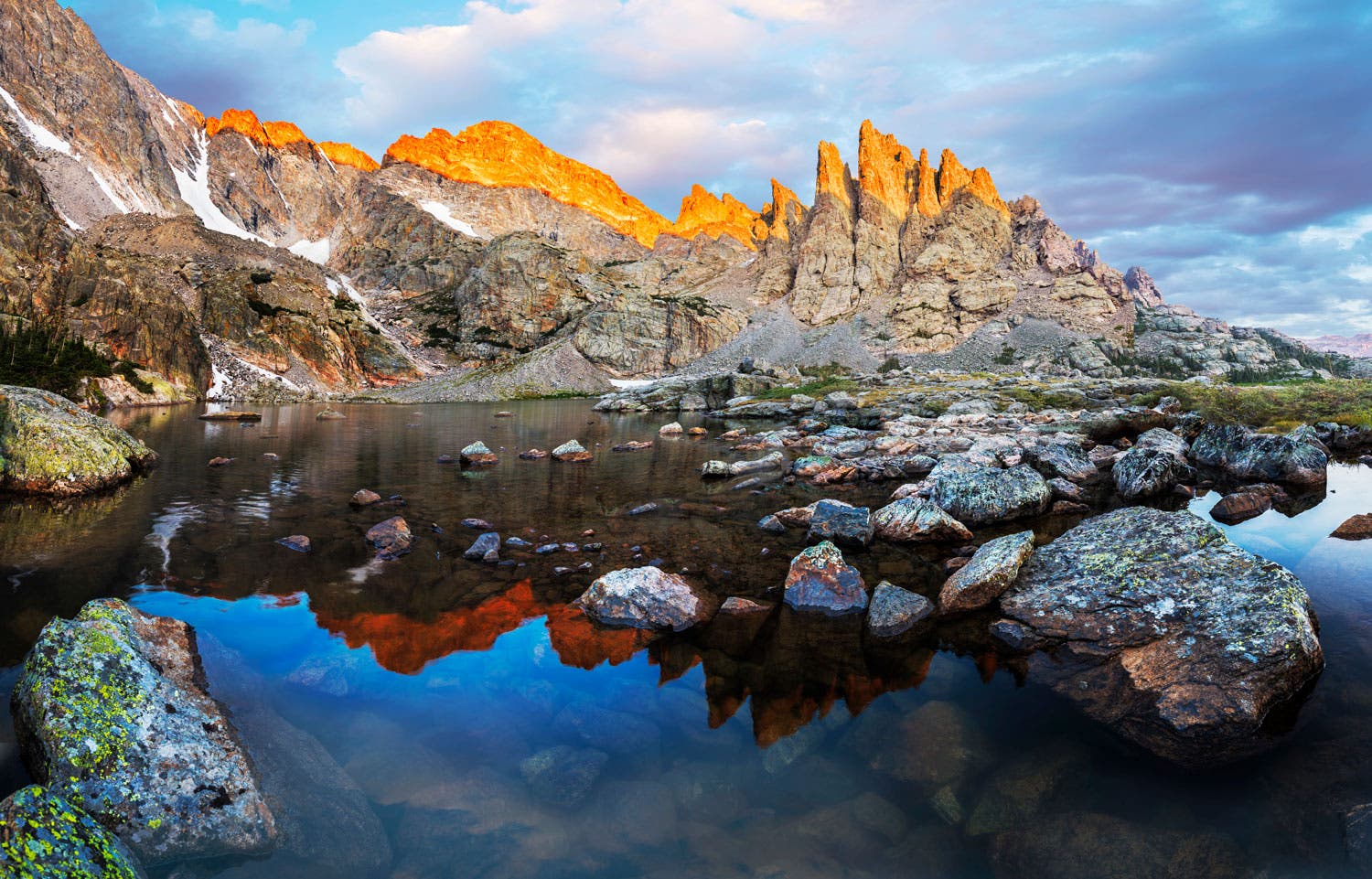 Sky Pond under the Cathedral Spires including Sharkstooth in Rocky Mountain National Park