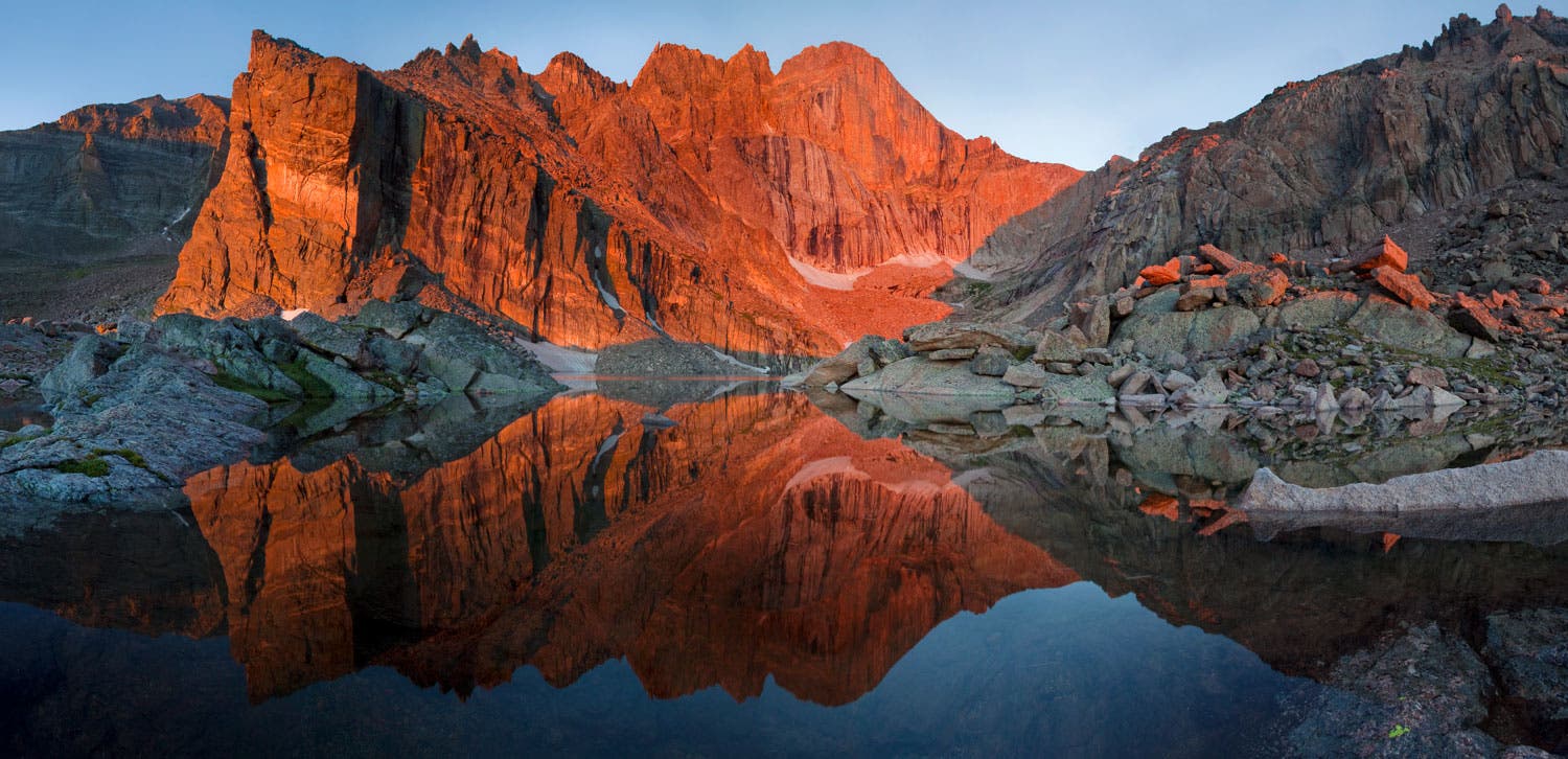 Sunrise reflection at Chasm Lake in late July.