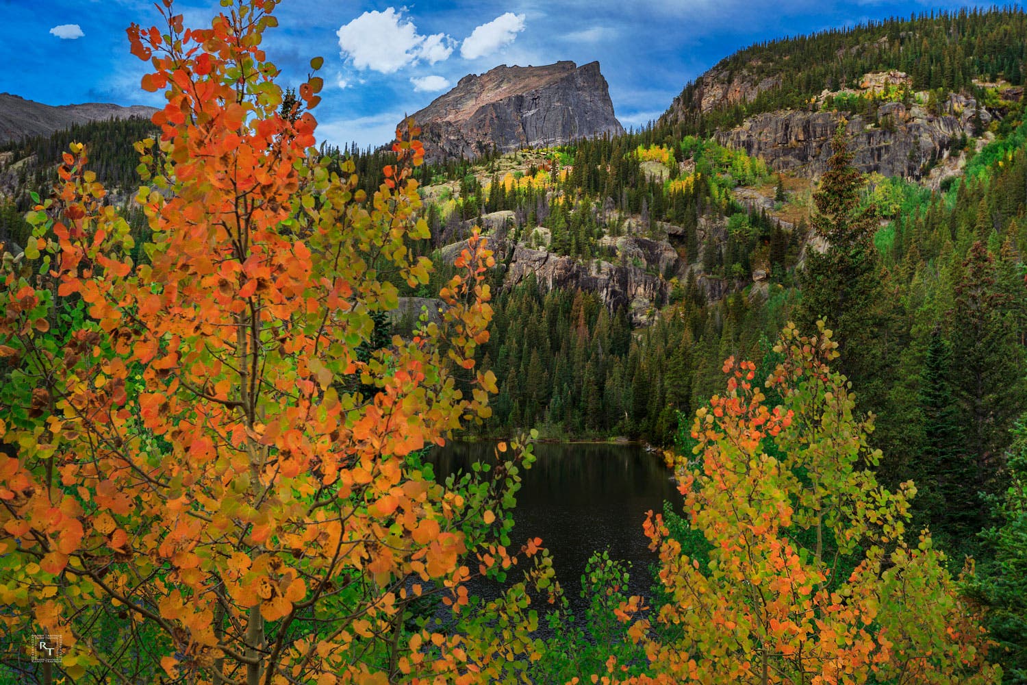 View of Hallett Peak from Bear Lake in autumn.