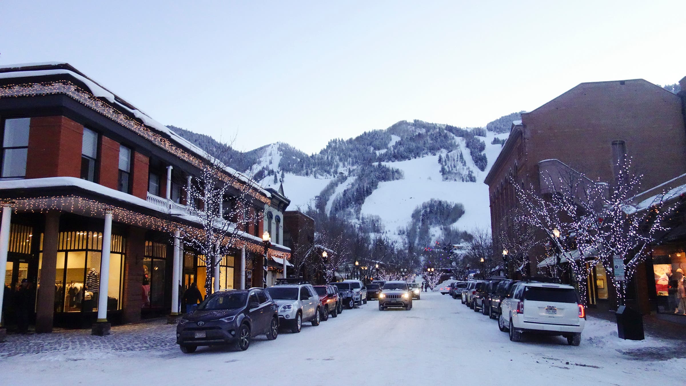 Snow covered street in downtown Aspen